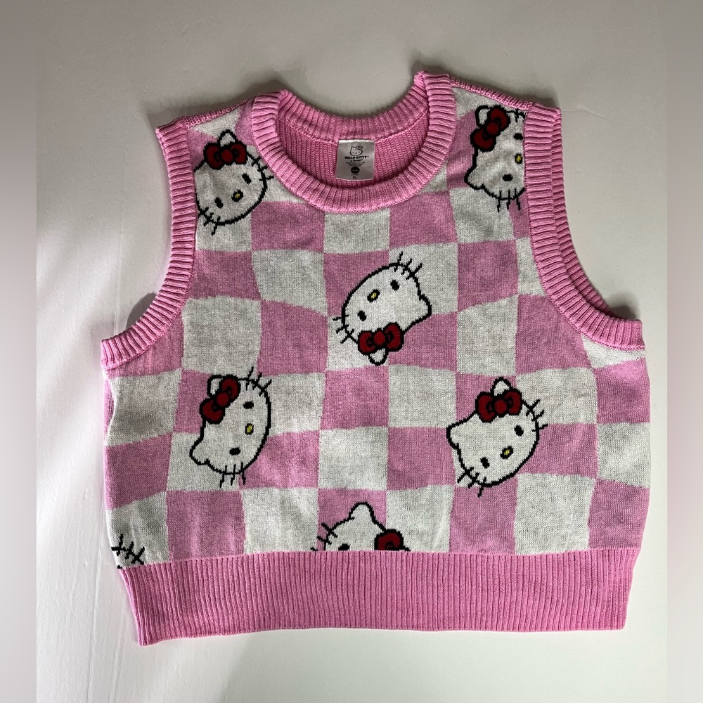Sanrio Hello Kitty Pink Sleeveless Knit Sweater Checker Pattern Vest Women XL.‎